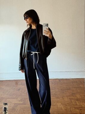 Zara Drawstring Trousers Navy Blue Pinstripe Pants Wide Leg Casual Dressy XS